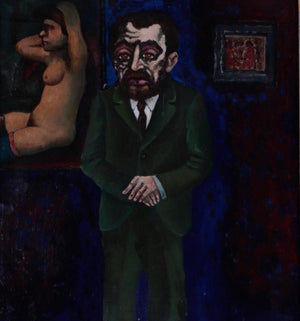 Art dealer with naked woman in the back and painting on the wall