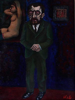 Ferry Slebe | The Art Dealer | Oil on panel | Height 40 cm × width 30 cm | Signed lower right | Depiction of an art dealer with nude model in the background | withhout frame closeup