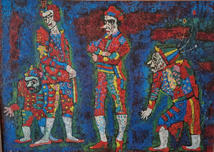 Very colorful painting with 4 harlequins, oil on board.  111