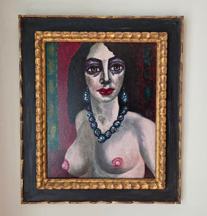 Ferry Slebe painting of a woman with neckless with bare breasts, oil on board, 50 x 40 cm excluding the frame, signed lower left.
