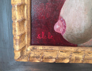 Ferry Slebe | Woman with bare breasts and a large necklace | |painting | oil on board | signed lower right | 50 × 40 cm | professionally framed with a gold-plated frame | Signature