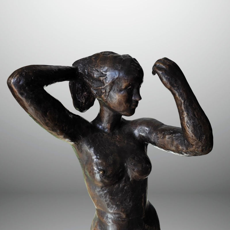 Flory Italianer, a Standing Girl, bronze sculpture, signed and dated 1980, close-up face