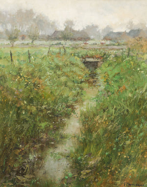 painting by Frans Manders,  A ditch in a green natural landscape, oil on canvas - For sale