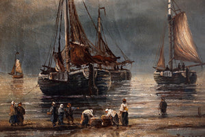 Gerard van der Laan | Moored bomb-boats off the coast | Maroufle | Height 25 cm × width 20 cm | Signed | Serene marine scene of bomb-boats moored near the shoreline under a dark sky | without frame