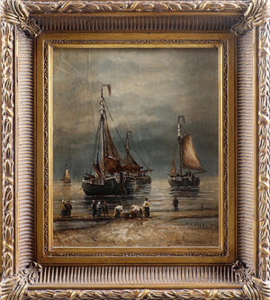 Gerard van der Laan | Moored bomb-boats off the coast | Maroufle | Height 25 cm × width 20 cm | Signed | Serene marine scene of bomb-boats moored near the shoreline under a dark sky | with frame
