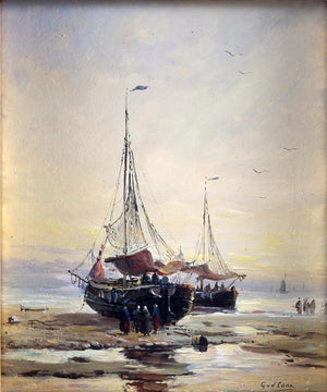 Gerard van der Laan - Moored bomb boats off the coast, signed, oil on panel.
Height: 25 cm, Width: 20 cm. painting for sale