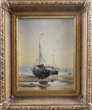 Gerard van der Laan | Moored bomb boats off the coast | Oil on panel | Height 25 cm × width 20 cm | Signed | Quiet marine scene with bomb boats moored near the shoreline | with frame