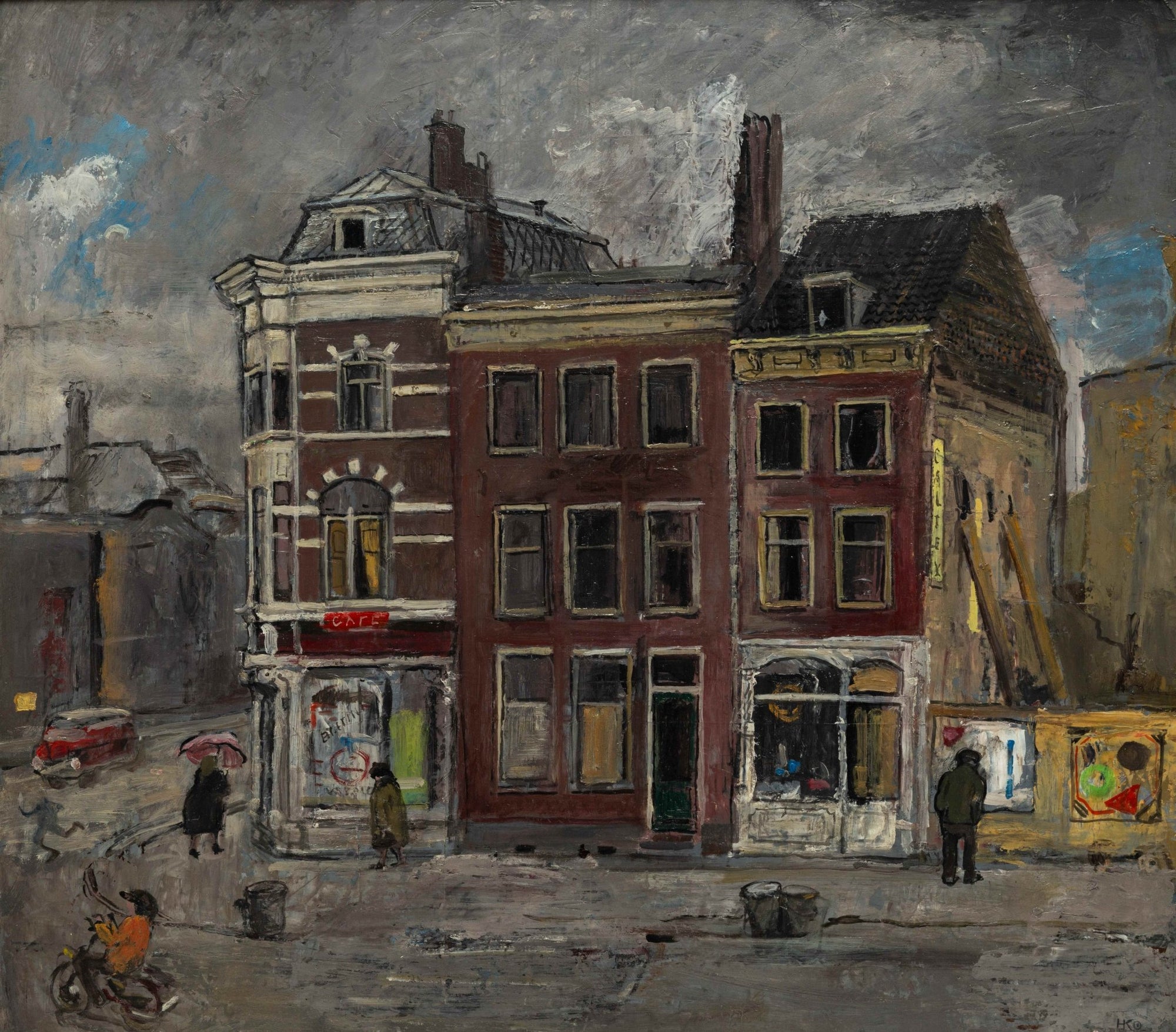 Schilderij van Harm Kamerlingh Onnes van huizen aan de Nieuwe Haven in Den Haag op een regenachtige dag