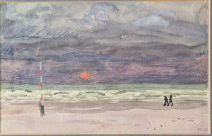 Harm Kamerlingh Onnes, Watercolour, Seascape with red sun, height 15 cm, width 24 cm, including frame 32cm x 40cm
