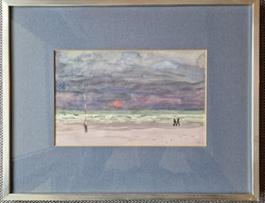 Harm Kamerlingh Onnes, Watercolour with frame, Seascape with red sun, height 15 cm, width 24 cm, including frame 32cm x 40cm