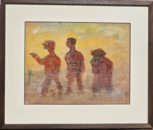 Harm Kamerlingh Onnes | Mixed technique on paper | 23 cm × 30 cm | Signed & dated ’63 | Three red-toned figures against a radiant yellow background | Wit frame