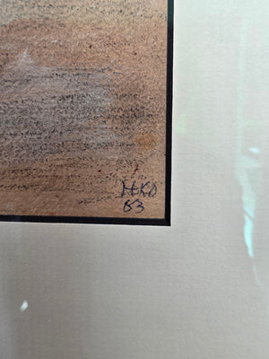 Harm Kamerlingh Onnes  | Mixed technique on paper | 23 cm × 30 cm | Signed & dated ’63 | Three red-toned figures against a radiant yellow background | Signature