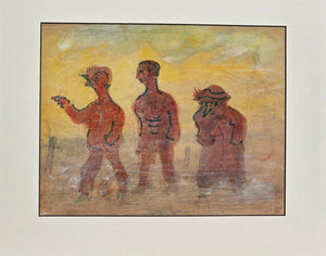 Harm Kamerlingh Onnes | Mixed technique on paper | 23 cm × 30 cm | Signed & dated ’63 | Three red-toned figures against a radiant yellow background | Without frame, with passe partout