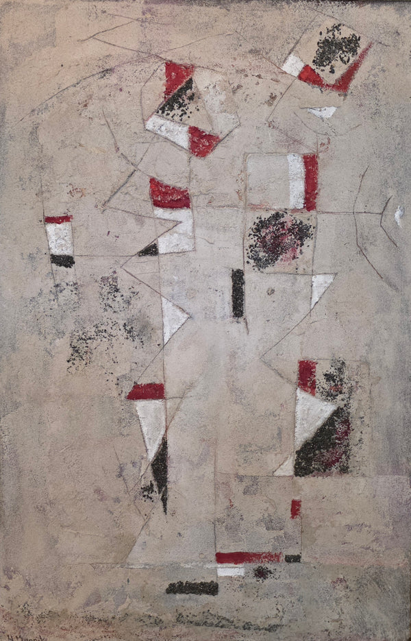 Abstracte compositie van Henk Munnik in ingetogen tinten, gebruikt als achtergrond voor een kunstcollectie.