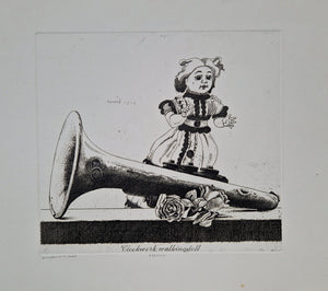Herman Berserik Etching  Clockwork walking doll, scene of a doll and a trumpet, 30x33 cm., Proof print 1st state, signed "Berserik" dated 1972. Not framed