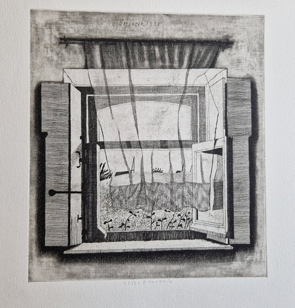 Hermanus Berserik, etching, untitled,  a scene of a window wind through the curtains, signed "Berserik" and numbered 26/30 in pencil. Not framed,