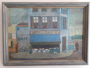 Herman Berserik, Hotel-Café, 1943, gouache van een hotel-café op een straathoek met terras, luiken, opschriften, fietsen en twee figuren op straat, ingelijst
