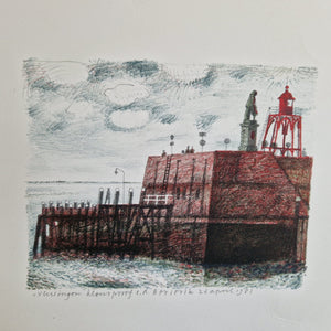 Herman Berserik, Lithograph on paper named Vlissingen.
a scene of a harbor  Dimensions sheet: H24 x w30cm. Dimensions image: H14 x w18c, signed.