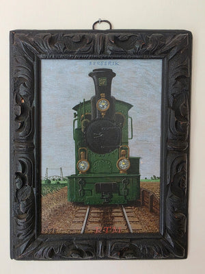 Painting by Herman Berserik from 1975 depicting a green locomotive on railway tracks, titled The Tram to Spijkenisse. framed