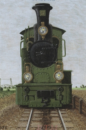 Painting by Herman Berserik from 1975 depicting a green locomotive on railway tracks, titled The Tram to Spijkenisse. unframed