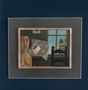 Schilderij De brief van Herman Berserik (1962), vrouw met een brief bij het raam, olieverf op doek, ingelijst aan de muur