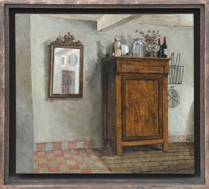 Painting by Hermanus Berserik depicting a wooden cabinet in a quiet interior beside a mirror and red-and-white tiled floor, acrylic on board from 1992. framed