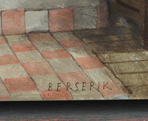 Painting by Hermanus Berserik depicting a wooden cabinet in a quiet interior beside a mirror and red-and-white tiled floor, acrylic on board from 1992. Signature