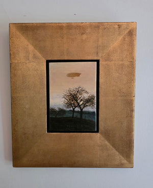 Painting of a floating airship above bare trees in a tranquil evening landscape by Hermanus Berserik with  golden frame