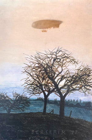 Painting of a floating airship above bare trees in a tranquil evening landscape by Hermanus Berserik, without frame.