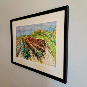Jannes de Vries | Spanish colorful landscape | Mixed technique on paper | 40 cm × 55 cm | Signed lower right | with frame & museum glass sideview