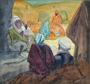 Jannes de Vries  market Kairo Tunesië Watercolour, colorful scene with three mensigned framed with museumglass