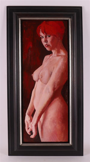 painting by jannes kleiker of a female nude with red hair, titled red girl with frame
