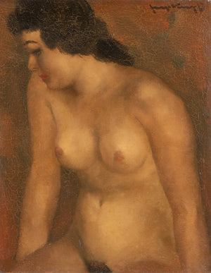 Joop Kropff | Female nude | Oil on canvas | Height 56 cm × width 46 cm | Signed lower right | Intimate depiction of a reclining female nude, neutral background | Front view