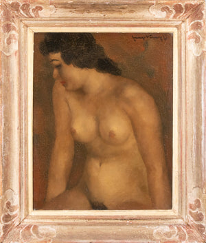 Joop Kropff | Female nude | Oil on canvas | Height 56 cm × width 46 cm | Signed lower right | Intimate depiction of a reclining female nude, neutral background | Front view with frame