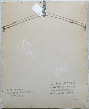 Joop Linschooten | Doll (Popje) | painting | oil on board | signed centre bottom | 30 × 23 cm | pictured backside painting ith tekst written