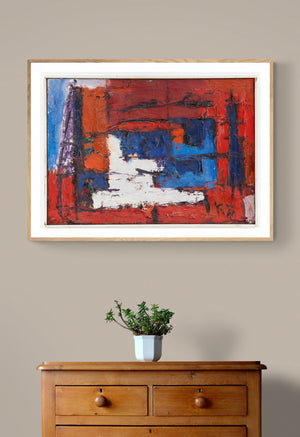 Karel Bleijenberg | Abstract colourful  composition with red and blue | oil on canvas | signed lower right | 60 × 85 cm| pictured in a room on the wall