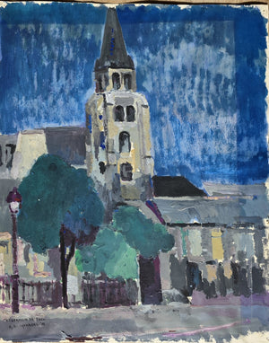 Gouache by Karel Bleijenberg, a church with a blue background