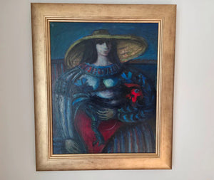 Kees Andréa - Painting for sale - Woman with rooster and sun hat oil on canvas, signed on the back 