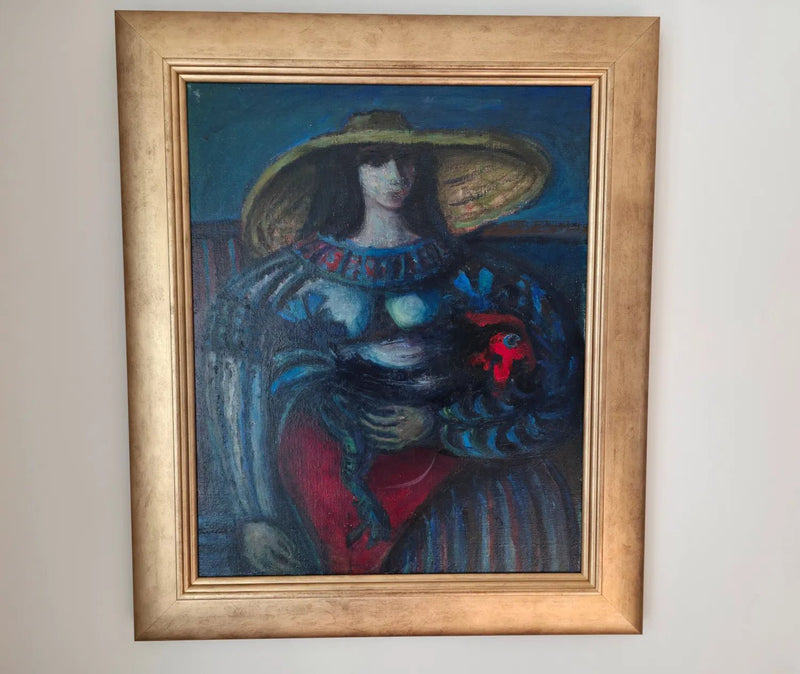 Kees Andréa | Woman with rooster and wearing a mexican sun hat | Oil on canvas | Height 50 cm × width 40 cm | Signed on the reverse of the stretcher | with frame