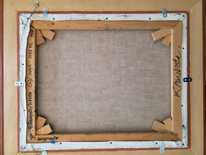 Kees Andréa - Painting for sale - back of the painting Woman with rooster and sun hat oil on canvas, signed on the back