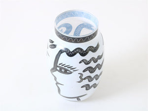 Ulrica Hydman-Vallien - Matt glass design vase decoration of face and animal. height 21 cm, diameter 12 cm