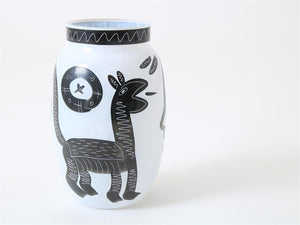 Ulrica Hydman-Vallien - Matt glass design vase decoration of face and animal. height 21 cm, diameter 12 cm