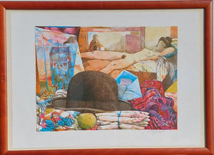 Nicolaas Wijnberg, colour lithograph for sale, naked woman in interieur with a letter in front framed, 47 x 65 cm, incl. frame 54 x 74 