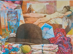 Nicolaas Wijnberg, colour lithograph for sale, naked woman in interieur with a letter in front without frame, 47 x 65 cm, incl. frame 54 x 74 