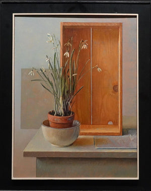 Piet Sebens, stilleven met sneeuwklokjes en houten kistje, olieverfschilderij op paneel, met lijst