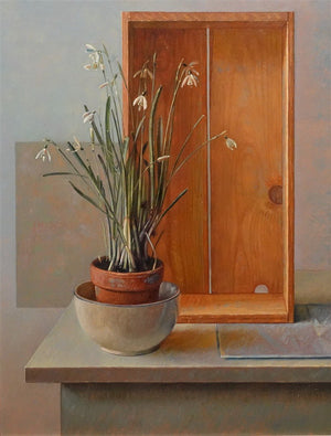 Piet Sebens, stilleven met sneeuwklokjes en houten kistje, olieverfschilderij op paneel, zonder lijst