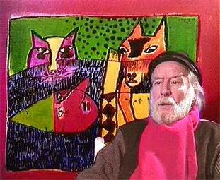 portretfoto van schilder Guillaume Cornelis "Corneille" van Beverloo | met kleurrijk schilderij op achtergrond 