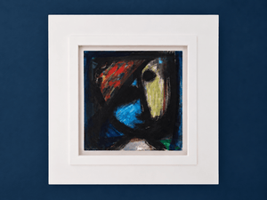 Schilderij van Eugène Brands uit 1961, abstract gezicht met zwarte vormen en vlakken in blauw, oranjerood en geelgroen. Ingelijst