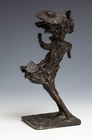 Theo van der Nahmer | bronze sculpture of a lady in a dress with a hat caught in the wind | Height 21.5 cm | Signed on the bottom | leftside