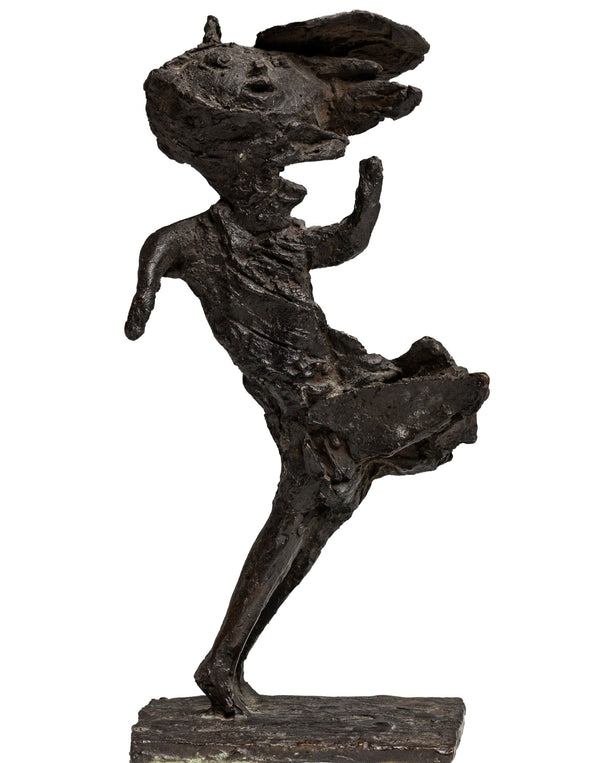 Dark patinated bronze, abstracted image of a lady in a dress with a hat who is caught in the wind.